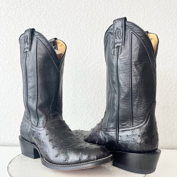 Rod Patrick Mens Cowboy Boots 8.5D Black Full Quill Ostrich Western Round Toe - Picture 1 of 12